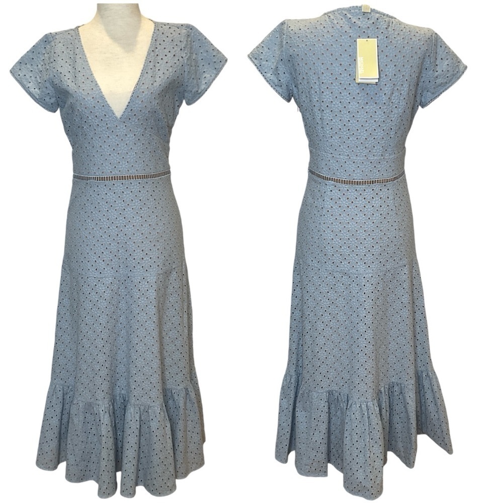 Nwt Michael Kors Eyelet Embroidered Ruffle Dress Light Blue Size 2